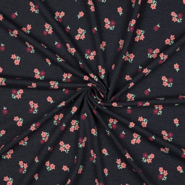 Tissu Jersey Polycoton imprimé Petites Fleurs sur fond Noir