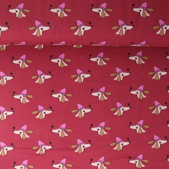 Tissu Sweat léger French Terry Capucine chiens rigolos sur fond Framboise