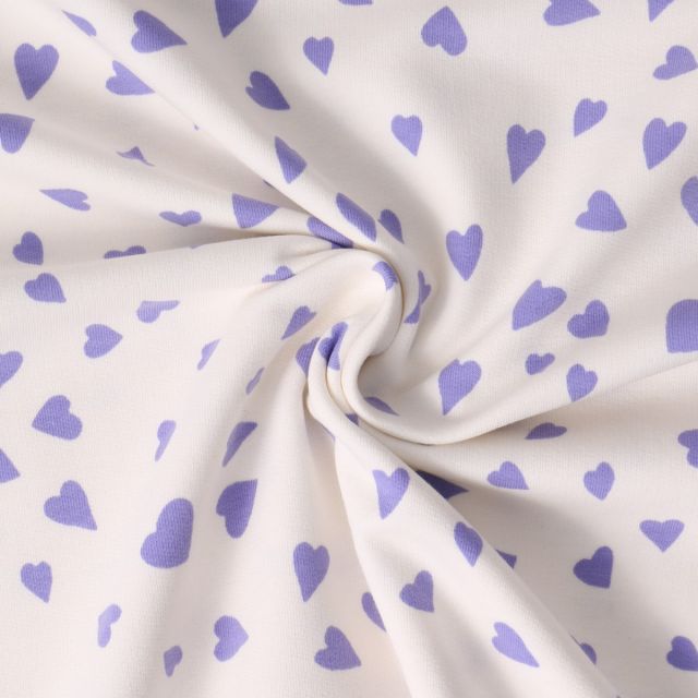 Tissu Sweat léger French Terry Capucine cœurs Violets sur fond Blanc
