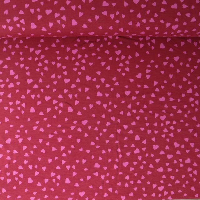 Tissu Sweat léger French Terry Capucine cœurs Roses sur fond Framboise