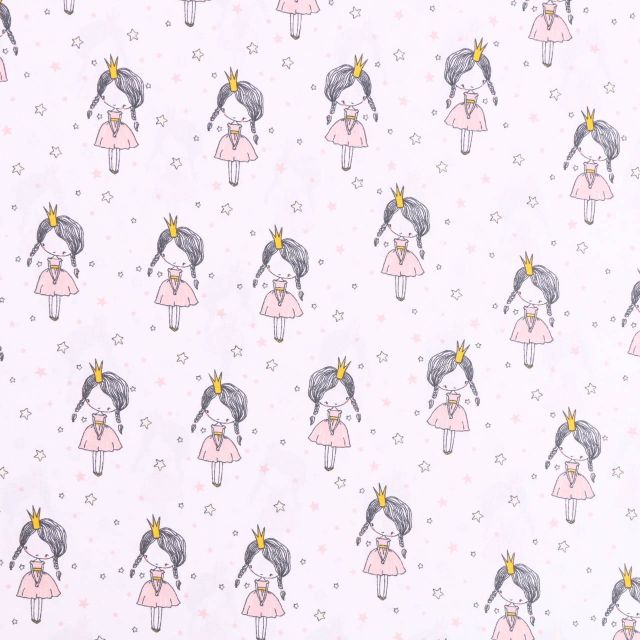 Tissu Popeline Imprimée LittleBird Fillettes et étoiles roses sur fond Blanc - Par 10 cm