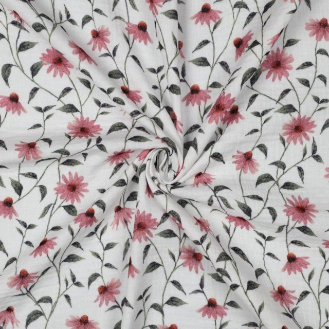 Tissu Double gaze de Coton Bio digital Fleurs Roses sur fond Blanc