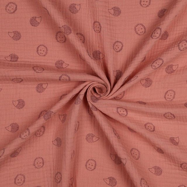 Tissu Double gaze de Coton Petits Hérissons sur fond Vieux rose