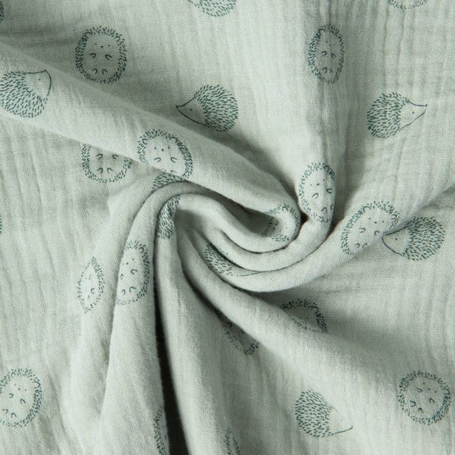 Tissu Double Gaze de Coton Poppy petits Hérissons sur fond Vert pastel