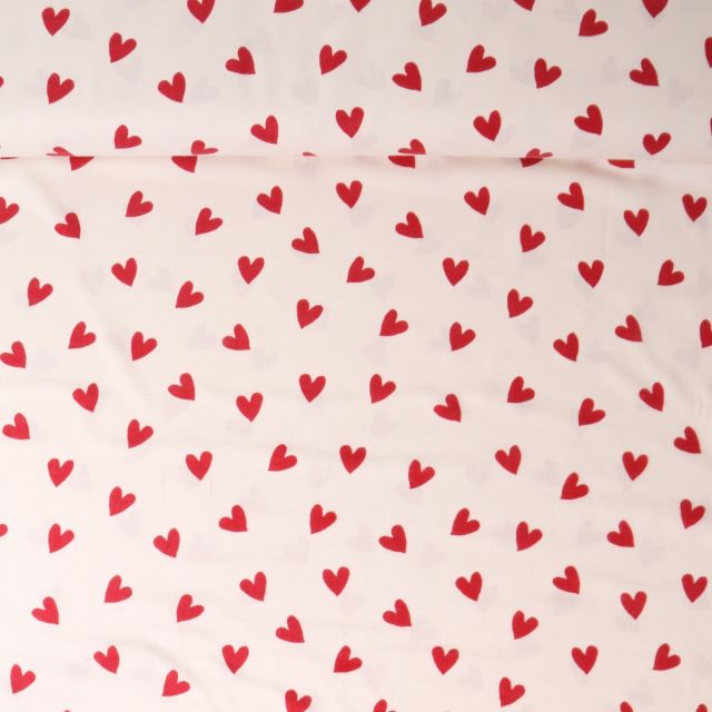 Tissu Flanelle de Coton  Caline cœurs Rouges sur fond Blanc