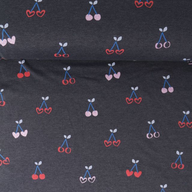 Tissu Sweat  léger envers molletonné Margot cerises Roses pailletées sur fond Noir