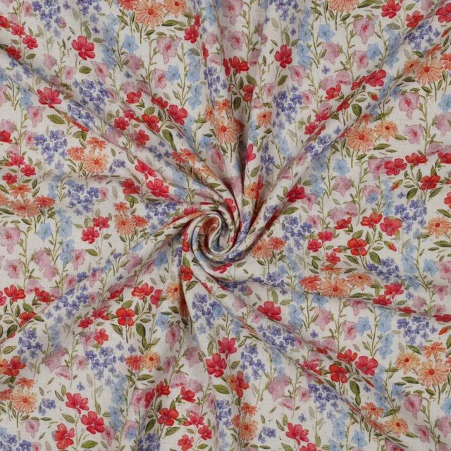 Tissu Crêpe de Viscose Lin digital Jardin d'Eté sur fond Ecru