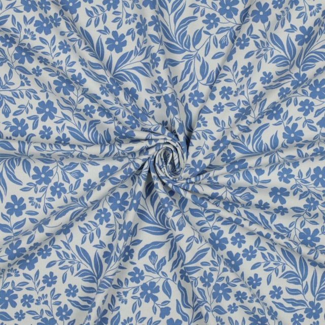 Tissu Jersey Coton imprimé Petites Fleurs Bleues sur fond Blanc