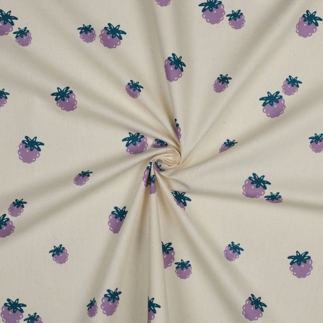 Tissu Popeline de Coton Capucine Mûres Acidulées sur fond Ecru