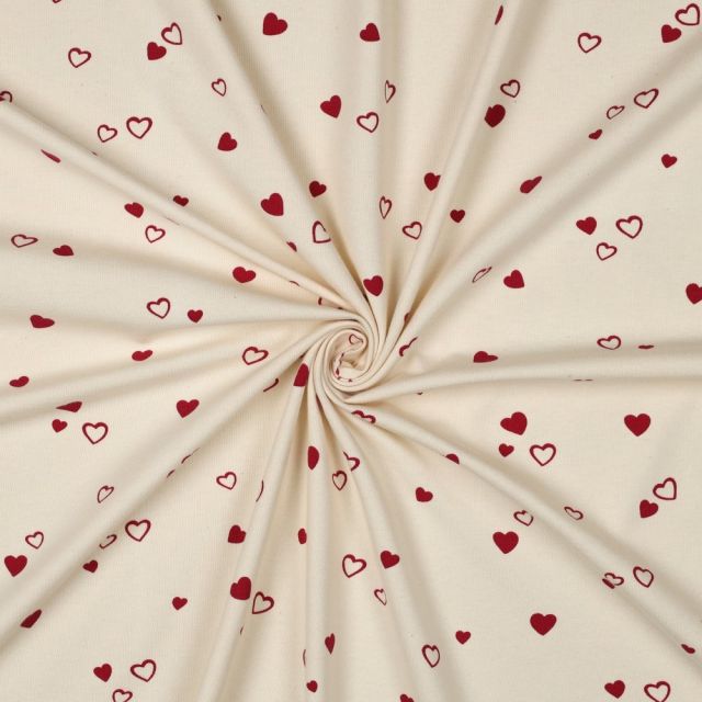 Tissu Jersey Coton imprimé Bio Petits Coeurs Rouges sur fond Ecru