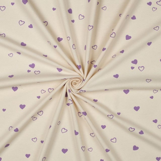 Tissu Jersey Coton imprimé Bio Petits Coeurs Violets sur fond Ecru