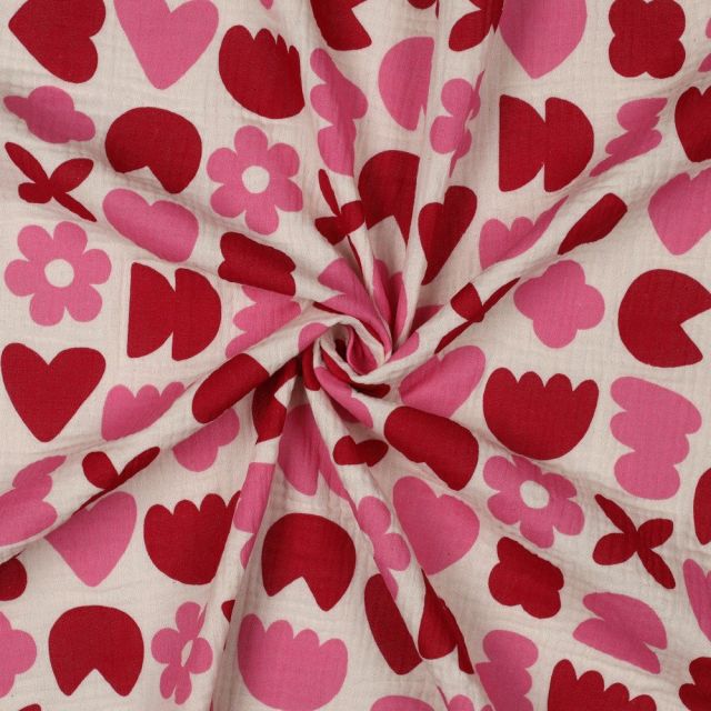 Tissu Double gaze de Coton Bio Love shapes Rose et Rouge sur fond Ecru