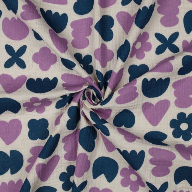 Tissu Double gaze de Coton Bio Love shapes Bleu et Parme sur fond Ecru