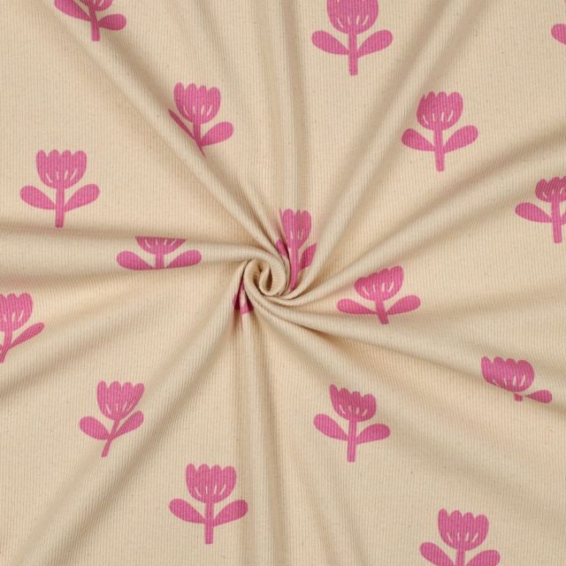 Tissu Jersey Coton côtelé Bio Tulipes Roses sur fond Ecru