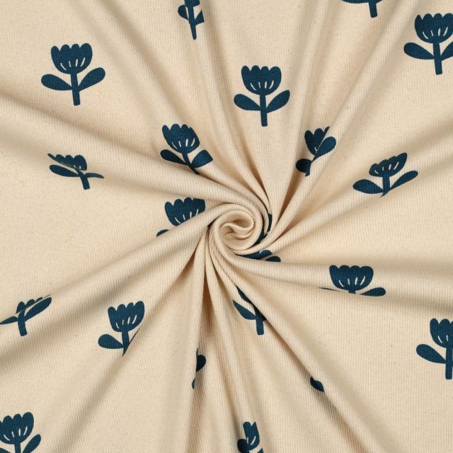 Tissu Jersey Coton côtelé Bio Tulipes Bleu sur fond Ecru