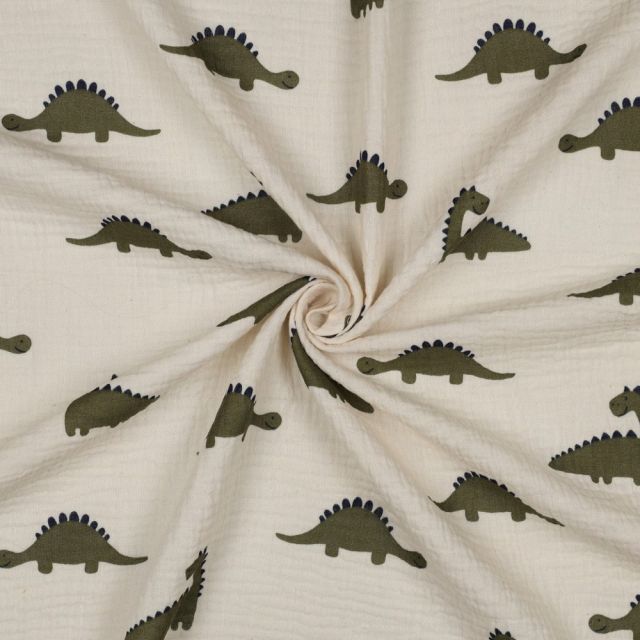 Tissu Double gaze de Coton Bio Dinosaures Vert kaki sur fond Ecru