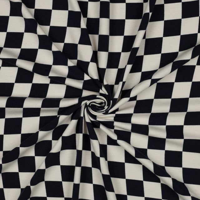 Tissu Jersey Coton imprimé Bio Damier Noir & Ecru