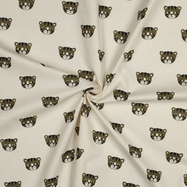 Tissu Popeline de Coton Bio Têtes de Tigres Kaki sur fond Ecru
