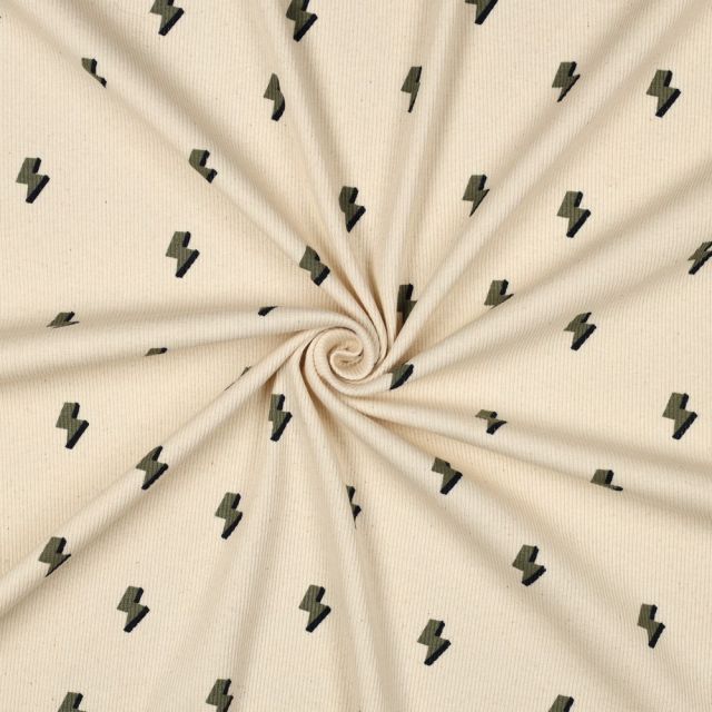 Tissu Jersey Coton côtelé Bio Petits Eclairs Noir & Kaki sur fond Ecru