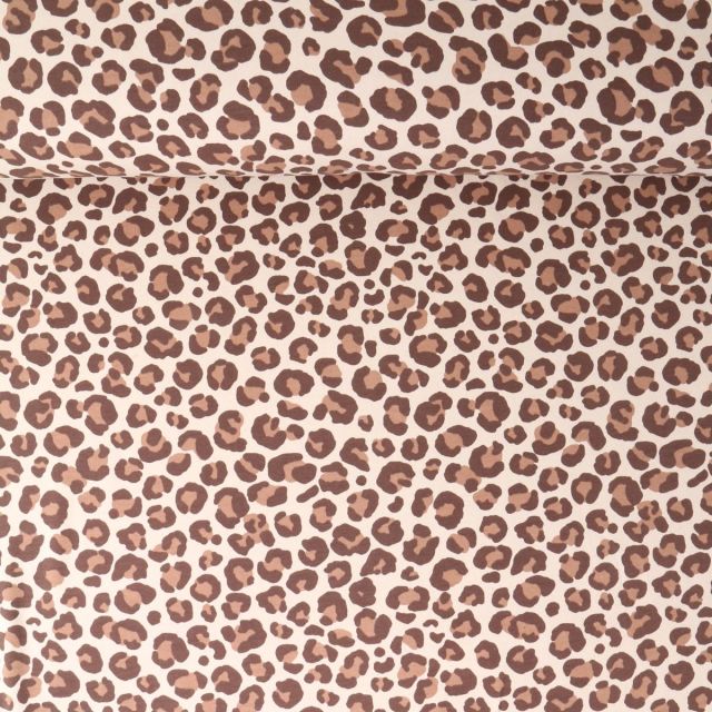 Tissu Sweat léger envers molletonné Naïa léopard Camel sur fond Beige