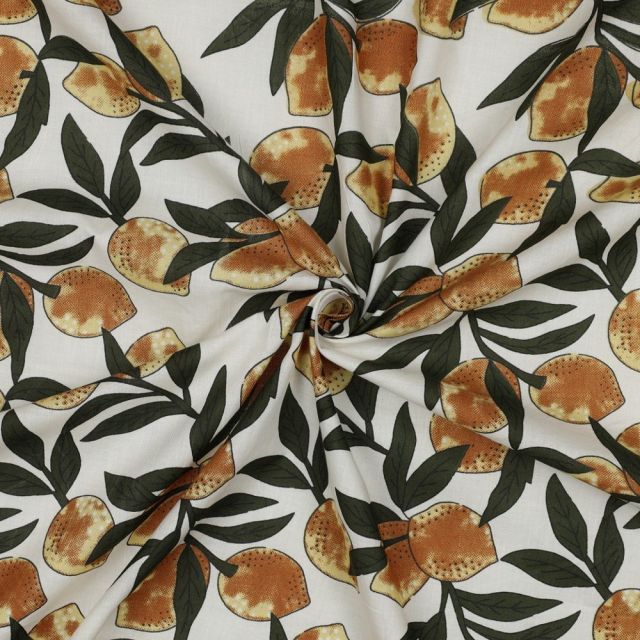 Tissu Coton indien Block print Citrons sur fond Ecru