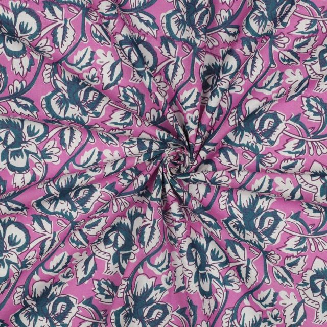 Tissu Coton indien Block print Fleuris Lilou sur fond Rose bonbon