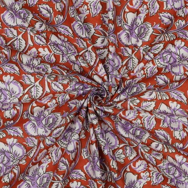 Tissu Coton indien Block print Fleuris Théo sur fond Orange