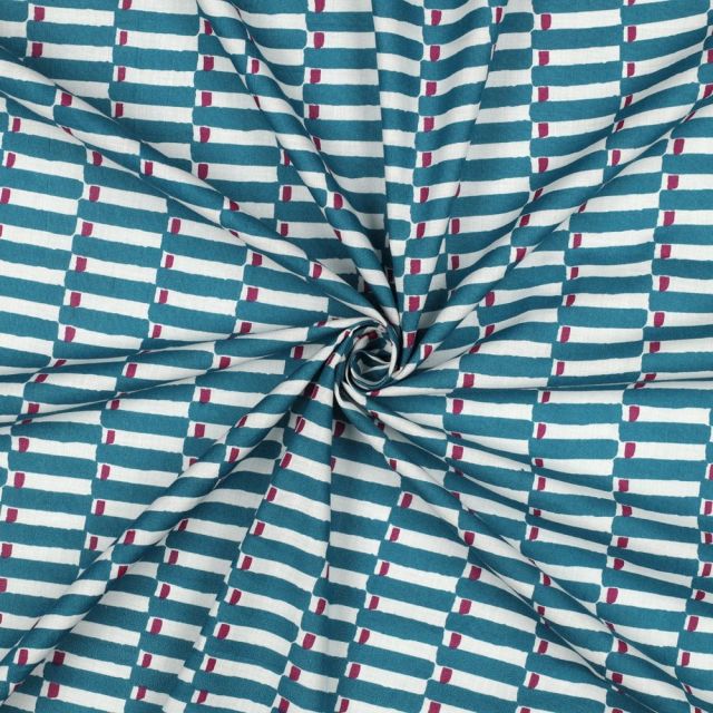 Tissu Coton indien Block print Géométrique sur fond Bleu pétrole