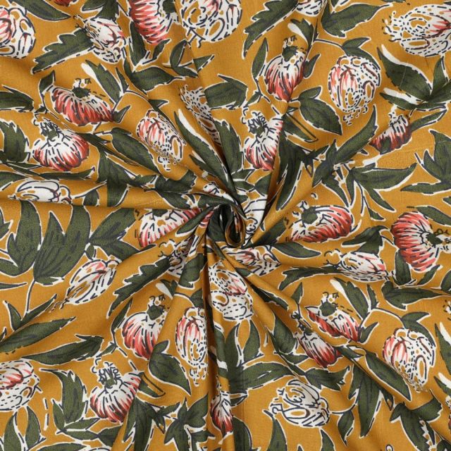 Tissu Coton indien Block print Fleurs Mia sur fond Ocre