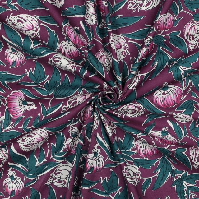 Tissu Coton indien Block print Fleuris Anna sur fond Violet