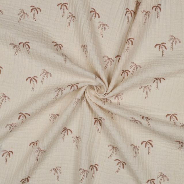 Tissu Double gaze de Coton Bio Palmiers sur fond Ecru