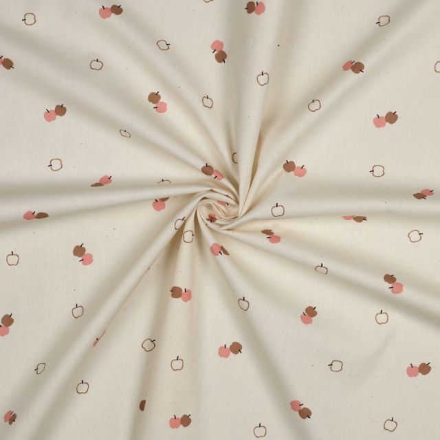 Tissu Popeline de Coton Bio Petites pommes sur fond Ecru