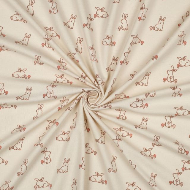 Tissu Jersey Coton imprimé Bio Lapins sur fond Ecru