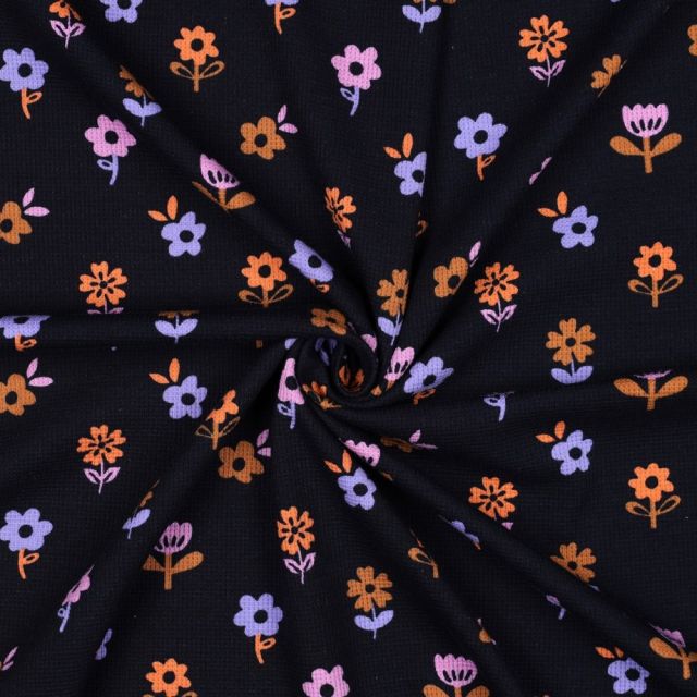 Tissu Jersey Nid d'abeille imprimé Fleuris sur fond Noir