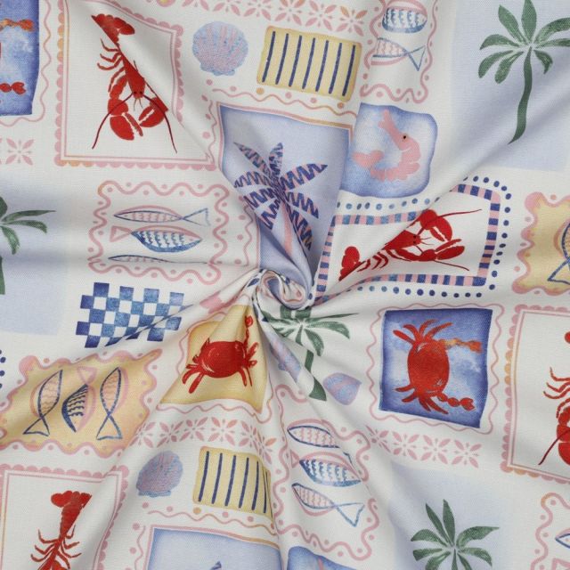 Tissu Toile de Coton Canvas digital Patchwork marin sur fond Blanc