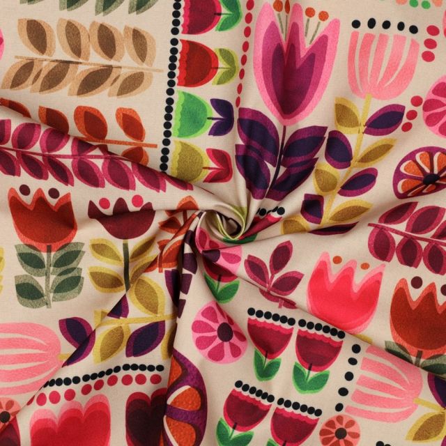 Tissu Nappe imperméable digital Fleurs sur fond Ecru