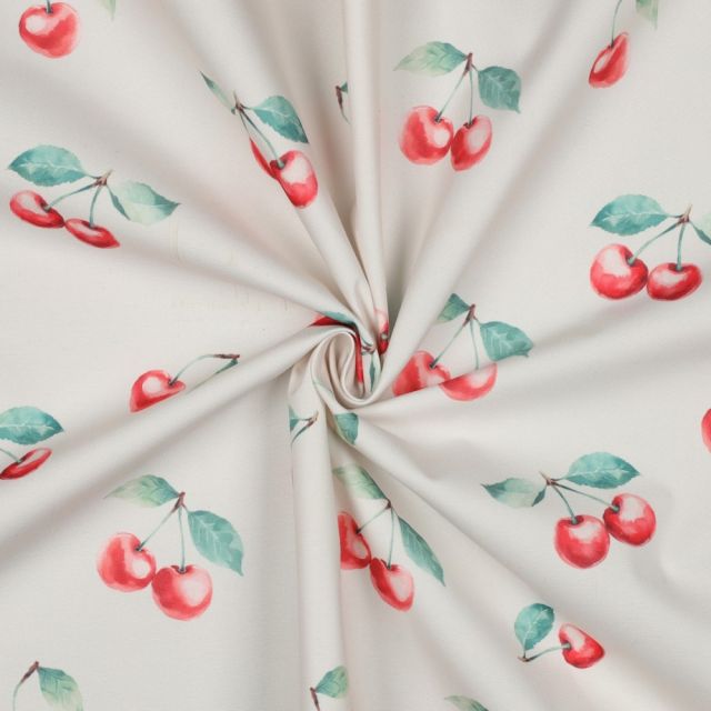 Tissu Nappe imperméable digital Cerises sur fond Blanc