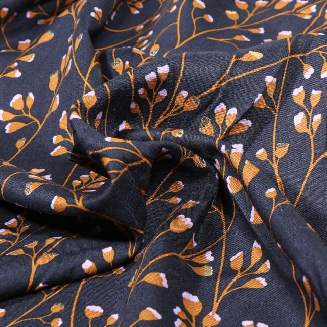 Tissu Viscose Branches pailletées sur fond Bleu marine