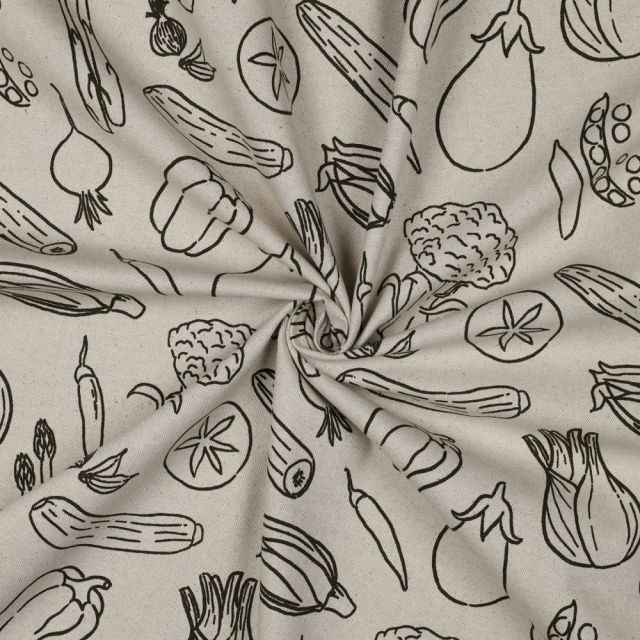 Tissu Toile Coton Canvas aspect Lin Légumes du Jardin sur fond Naturel