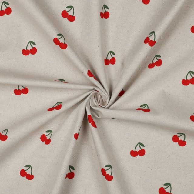 Tissu Toile Coton Canvas aspect Lin Petites Cerises sur fond Naturel