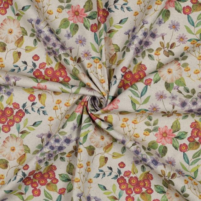 Tissu Toile Coton Canvas aspect Lin Jardin Bohème sur fond Naturel