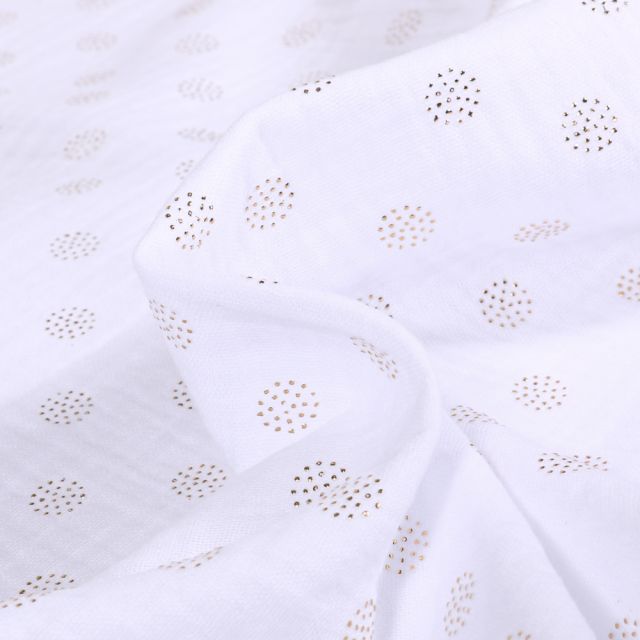 Tissu Double gaze Pointipois dorés sur fond Blanc
