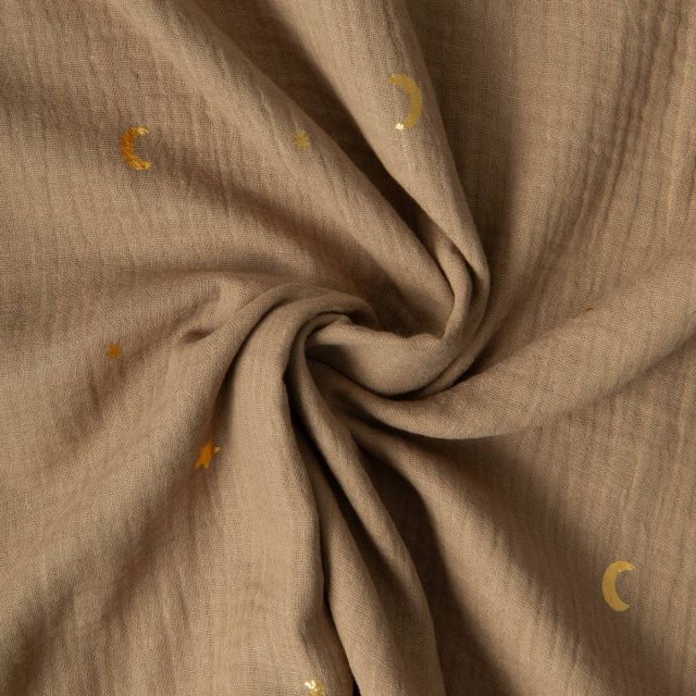 Tissu Double gaze Lunes et étoiles dorées sur fond Taupe