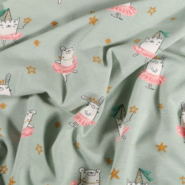 Tissu Jersey Coton Animaux ballerina sur fond Vert d'eau - Par 10 cm