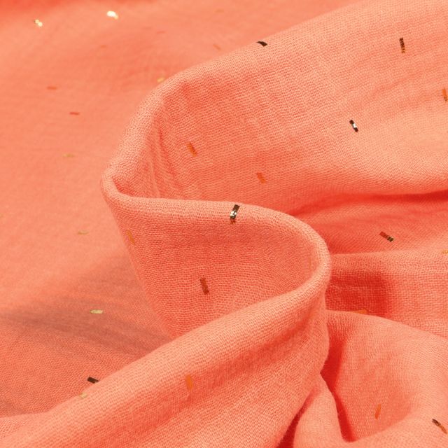 Tissu Double gaze Confettis rectangulaires dorés sur fond Melon