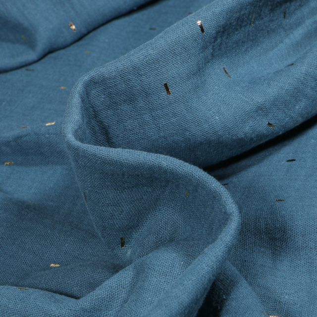 Tissu Double gaze Confettis rectangulaires dorés sur fond Bleu pétrole