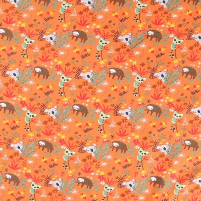 Tissu Jersey coton Bio envers molletonné  Paresseux  et koala fleuris sur fond Orange - Par 10 cm