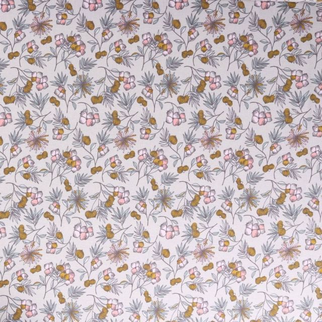 Tissu Jersey Modal Feuilles et fleurs sur fond Bleu ciel - Par 10 cm