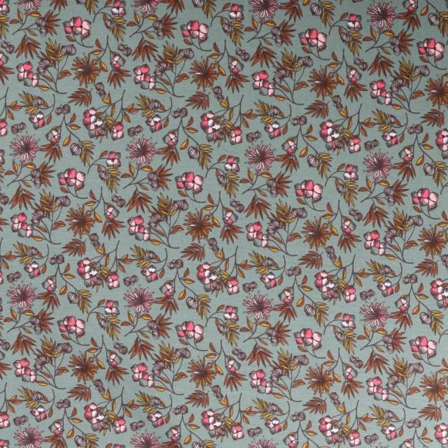 Tissu Jersey Modal Feuilles et fleurs sur fond Vert d'eau - Par 10 cm