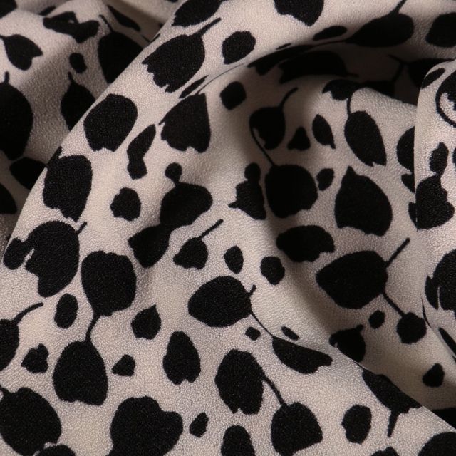 Tissu Crêpe stretch Tulipes noires sur fond Blanc cassé - Par 10 cm